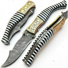 Damascus handmade folding knife beautiful structure with free leather sheath